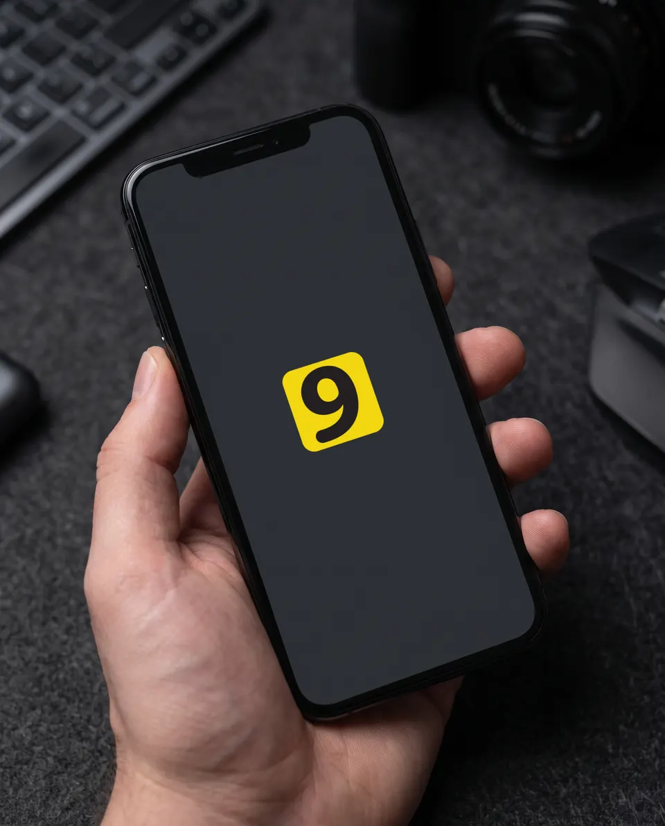 Mão segurando um celular com o ícone do aplicativo Two9 na tela.