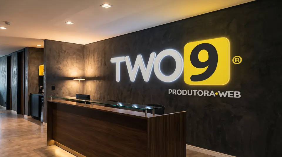 Logo da Two9 iluminado na parede de um escritório escuro.